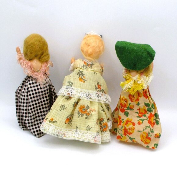 Set Of 3 Vintage 8" Plastic Celluloid Dolls With Floral & Checkered Dresses & 1 - Picture 2 of 6
